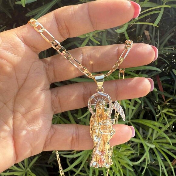The Grim Reaper Pendant Iced Bling 14K GP Santa Muerte Figaro Link Chain Jewelry - Picture 1 of 5